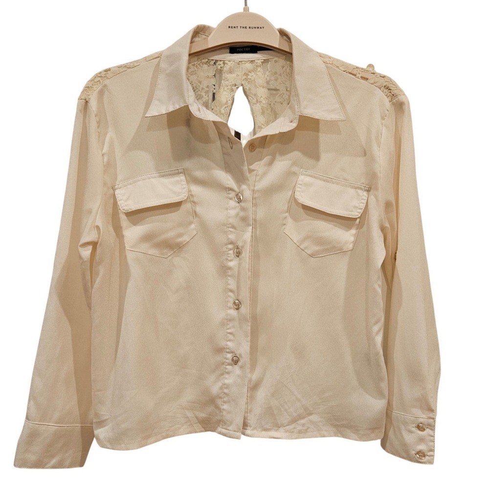 Poetry Cream Lace Back Button Down Blouse Long Sleeve Keyhole Top Small S Y2K